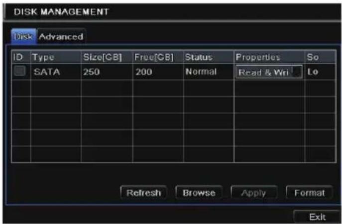 DISK MANAGEMENT Disk Advanced ID Type Size[GB] Free[GB] Status Properties So SATA 250 200 Normal Read & Wri Lo Refresh Browse Apply Format Exit