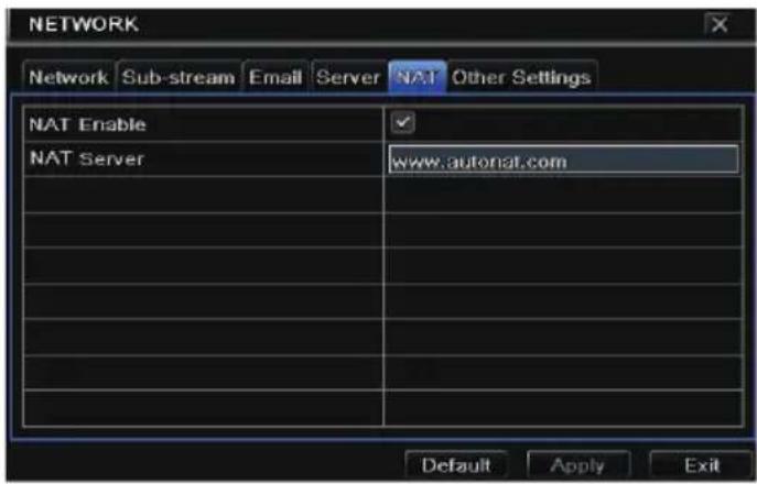 NETWORK Network Sub-stream Email Server NAT Other Settings NAT Enable ✓ NAT Server www.autonal.com Default Apply Exit