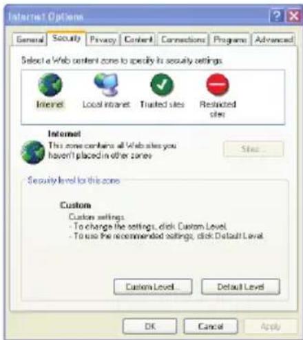 Internet Options General Security Privacy Content Connections Programs Advanced Select a Web content zone to specify its security settings. Internet Local Intranet Trusted sites Restricted sites Internet This zone contains all Web sites you haven't placed in other zones Security Level for this zone Customs Custom settings - To change the settings, click Custom Level. - To use the recommended settings, click Default Level. Custom Level... Default Level OK Cancel Apply