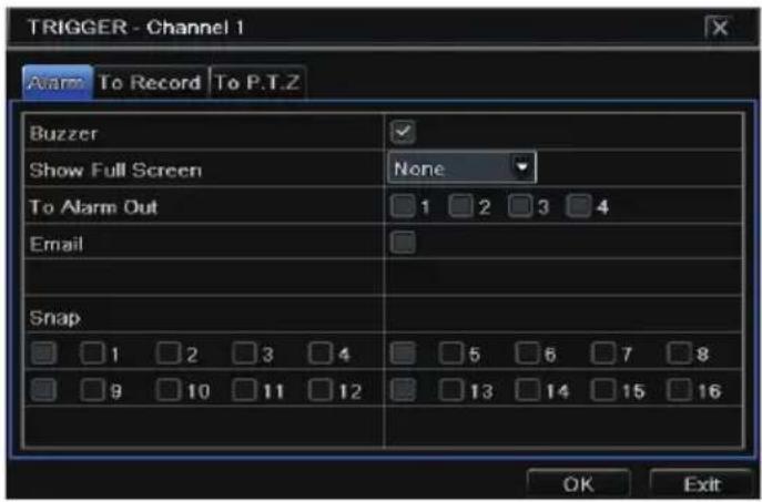 TRIGGER - Channel 1 Alarm To Record To P.T.Z Buzzer Show Full Screen None To Alarm Out 1 2 3 4 Email Snap 1 2 3 4 5 6 7 8 9 10 11 12 13 14 15 16 OK Exit