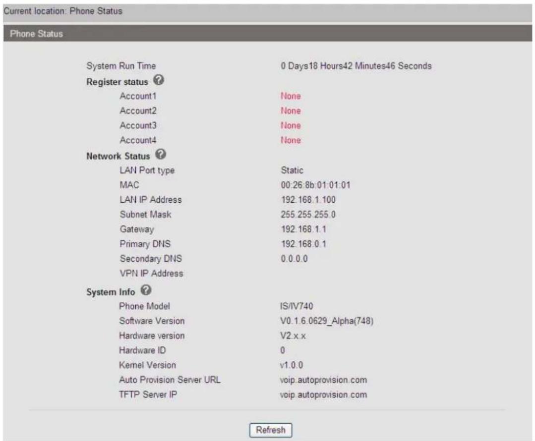 Current location: Phone Status Phone Status System Run Time 0 Days18 Hours42 Minutes46 Seconds Register status ? Account1 None Account2 None Account3 None Account4 None Network Status ? LAN Port type Static MAC 00.26.8b.01.01.01 LAN IP Address 192.168.1.100 Subnet Mask 255.255.255.0 Gateway 192.168.1.1 Primary DNS 192.168.0.1 Secondary DNS 0.0.0.0 VPN IP Address System Info ? Phone Model IS/IV740 Software Version V0.1.6.0629_Alpha(748) Hardware version V2.x.x Hardware ID 0 Kernel Version v1.0.0 Auto Provision Server URL voip.autoprovision.com TFTP Server IP voip.autoprovision.com Refresh