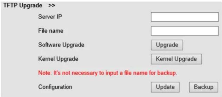 TFTP Upgrade >> Server IP File name Software Upgrade Upgrade Kernel Upgrade Kernel Upgrade Note: It's not necessary to input a file name for backup. Configuration Update Backup