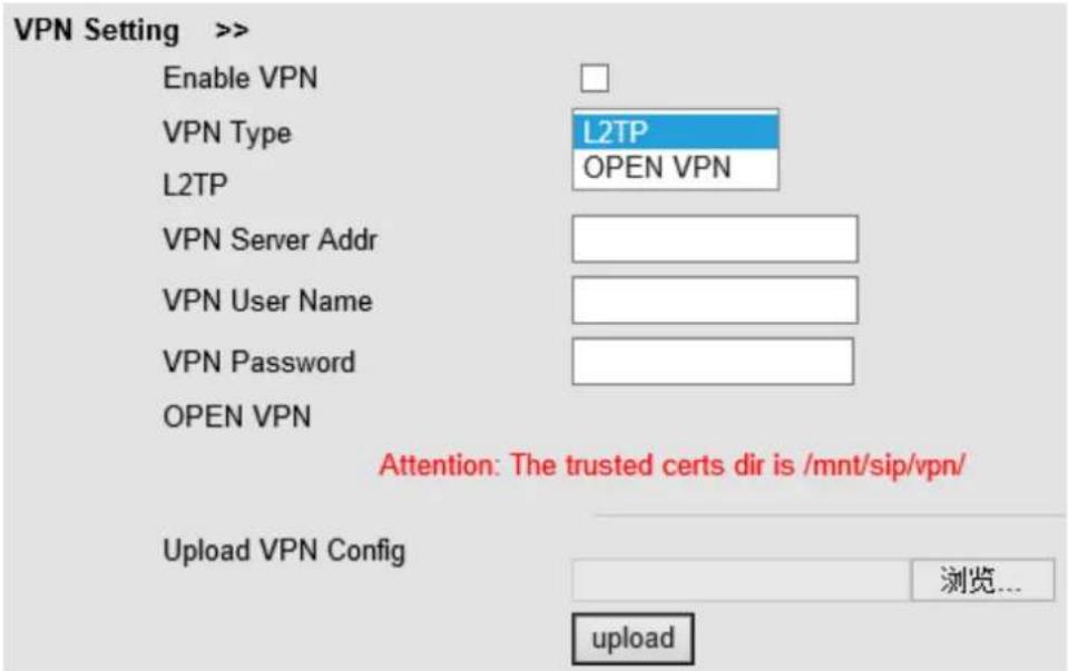 VPN Setting >> Enable VPN VPN Type L2TP OPEN VPN VPN Server Addr VPN User Name VPN Password OPEN VPN Attention: The trusted certs dir is /mnt/sip/vpn/ Upload VPN Config 浏览... upload