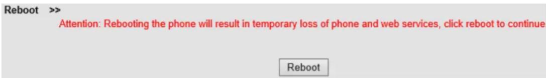 Reboot >> Attention: Rebooting the phone will result in temporary loss of phone and web services, click reboot to continue. Reboot