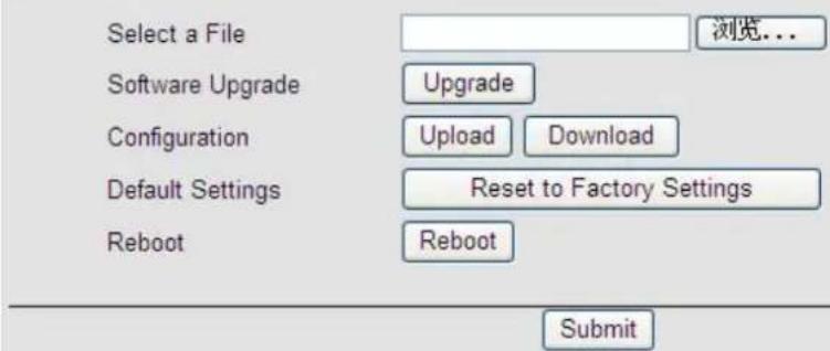 Select a File Software Upgrade Configuration Default Settings Reboot 浏览... Upgrade Upload Download Reset to Factory Settings Reboot Submit