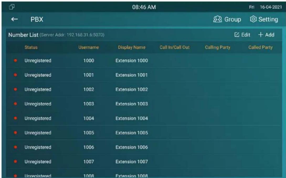 08:46 AM Fri 16-04-2021 PBX Group Setting Number List (Server Addr: 192.168.31.6:5070) Edit + Add Status Username Display Name Call In/Call Out Calling Party Called Party Unregistered 1000 Extension 1000 Unregistered 1001 Extension 1001 Unregistered 1002 Extension 1002 Unregistered 1003 Extension 1003 Unregistered 1004 Extension 1004 Unregistered 1005 Extension 1005 Unregistered 1006 Extension 1006 Unregistered 1007 Extension 1007 Unregistered 1008 Extension 1008