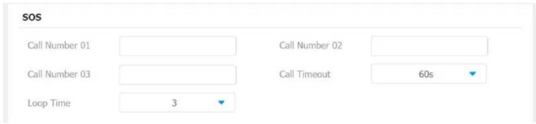 SOS Call Number 01 Call Number 02 Call Number 03 Call Timeout 60s Loop Time 3
