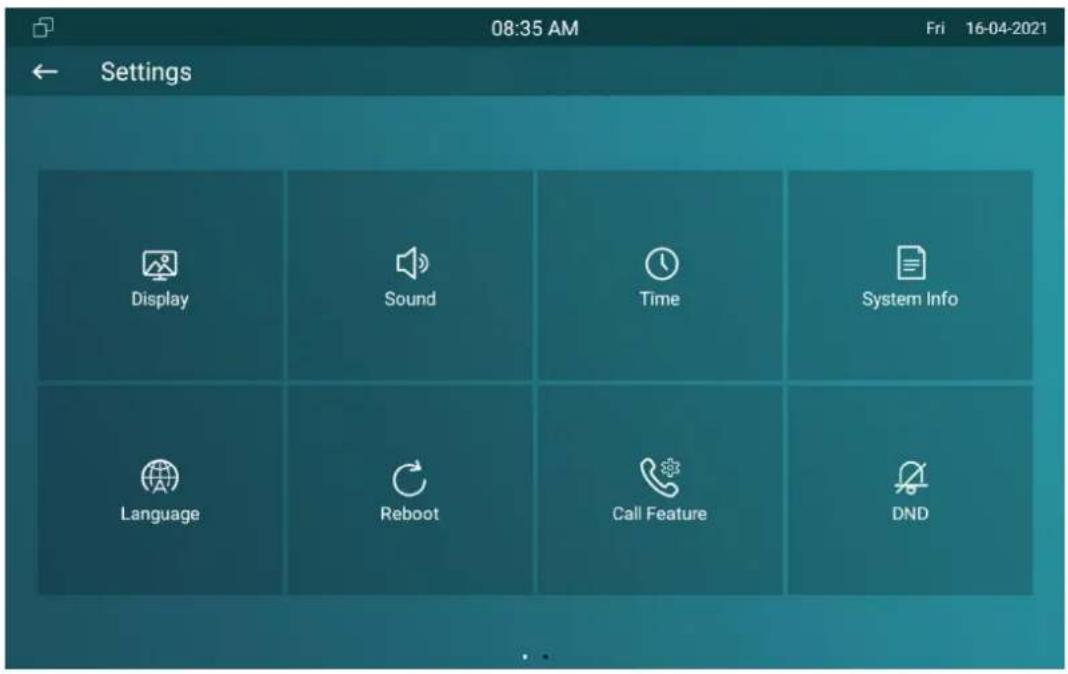 08:35 AM Fri 16-04-2021 Settings Display Sound Time System Info Language Reboot Call Feature DND