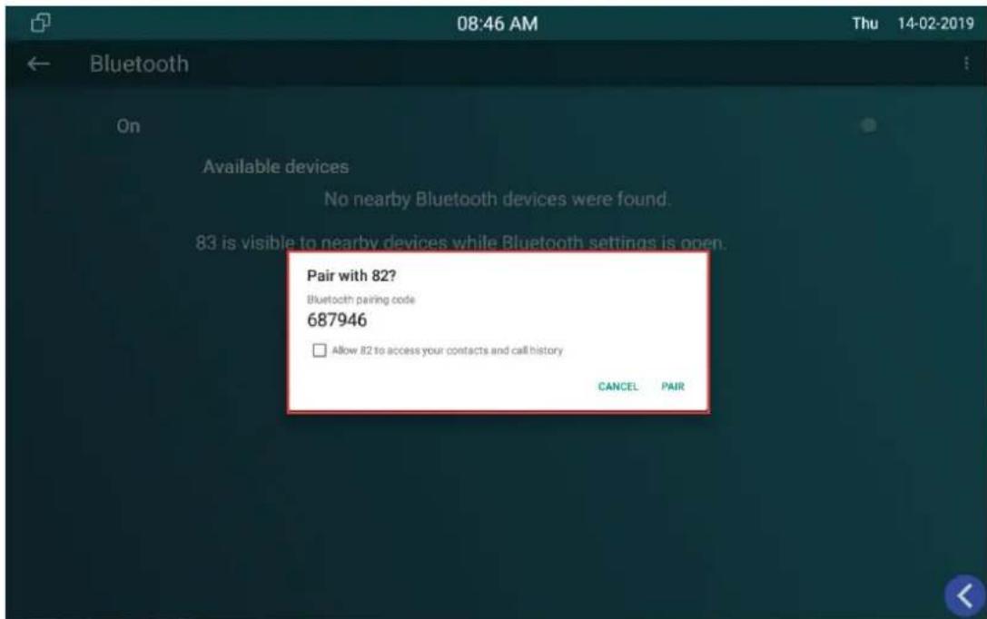 08:46 AM Thu 14-02-2019 Bluetooth On Available devices No nearby Bluetooth devices were found. 83 is visible to nearby devices while Bluetooth settings is open. Pair with 82? Bluetooth pairing code 687946 □ Allow 82 to access your contacts and call history CANCEL PAIR
