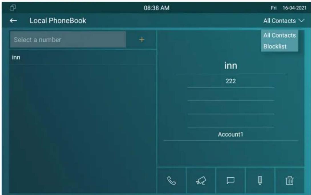 08:38 AM Fri 16-04-2021 Local PhoneBook All Contacts Select a number + inn All Contacts Blocklist inn 222 Account1