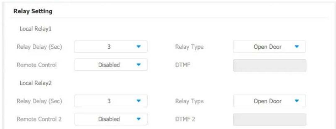 Relay Setting Local Relay1 Relay Delay (Sec) 3 ▼ Relay Type Open Door Remote Control Disabled ▼ DTMF Local Relay2 Relay Delay (Sec) 3 ▼ Relay Type Open Door Remote Control 2 Disabled ▼ DTMF 2