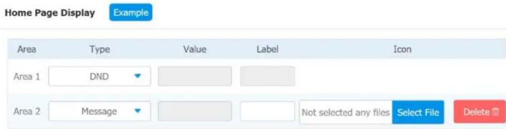 Home Page Display Example Area Type Value Label Icon Area 1 DND Area 2 Message Not selected any files Select File Delete