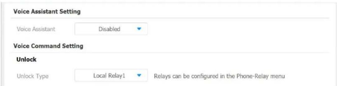 Voice Assistant Setting Voice Assistant Disabled Voice Command Setting Unlock Unlock Type Local Relay1 Relays can be configured in the Phone-Relay menu