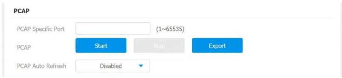 PCAP PCAP Specific Port (1~65535) PCAP Start Stop Export PCAP Auto Refresh Disabled