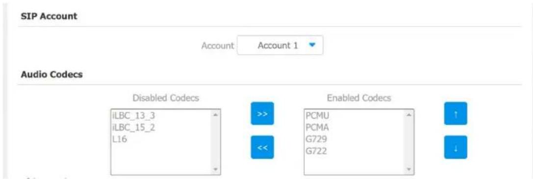 SIP Account Account Account 1 Audio Codecs Disabled Codecs Enabled Codecs iLBC_13_3 >> ↑ iLBC_15_2 << ↓