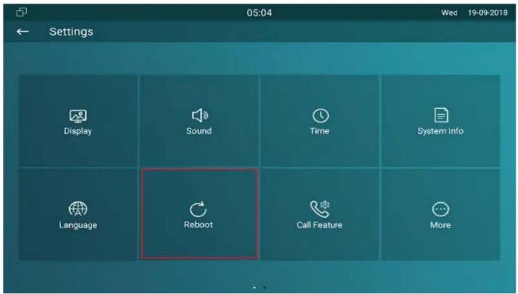 05:04 Wed 19-09-2018 Settings Display Sound Time System info Language Reboot Call Feature More