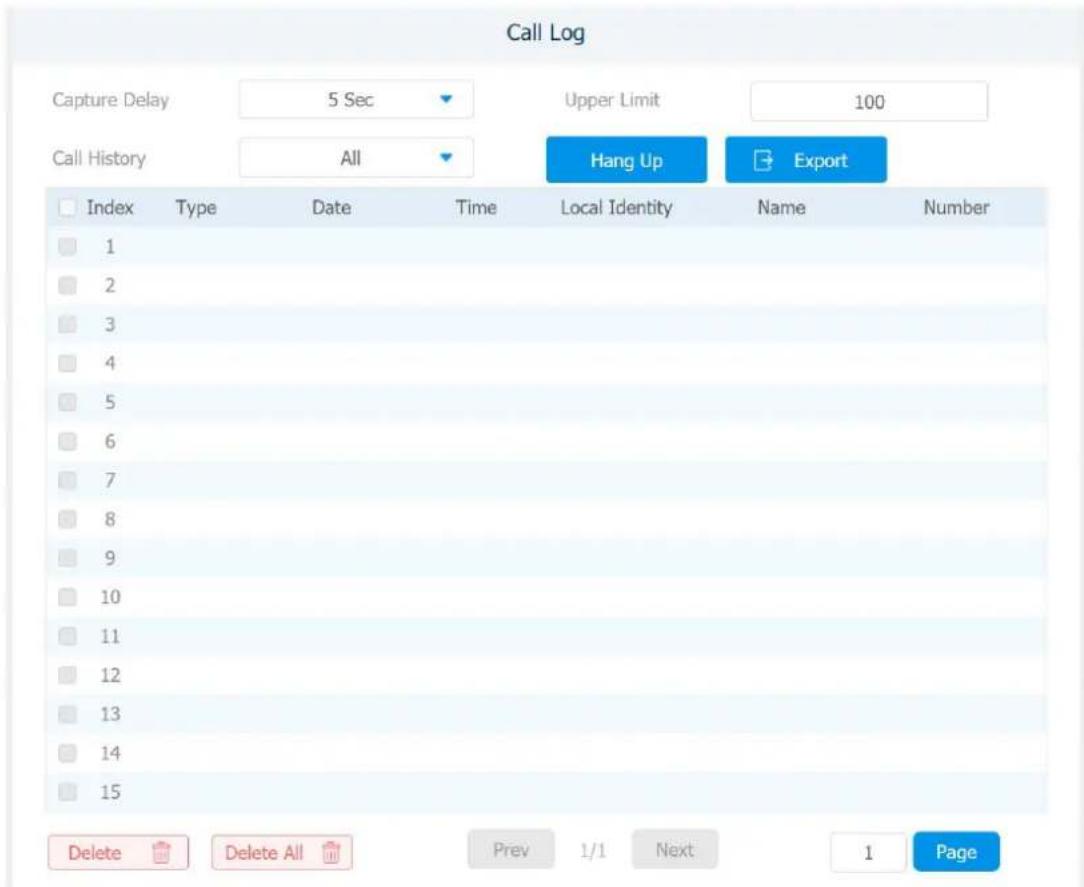 Call Log Capture Delay 5 Sec Upper Limit 100 Call History All Hang Up Export Index Type Date Time Local Identity Name Number 1 2 3 4 5 6 7 8 9 10 11 12 13 14 15 Delete Delete All Prev 1/1 Next 1 Page