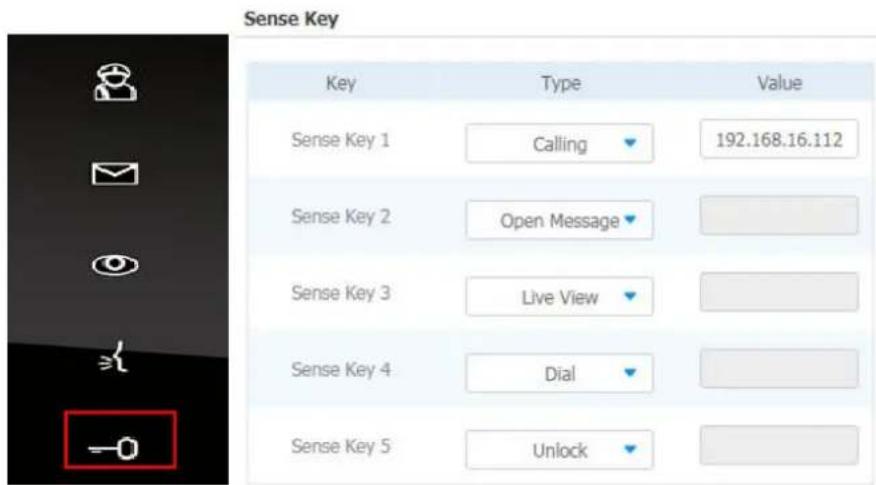 Sense Key Key Type Value Sense Key 1 Calling 192.168.16.112 Sense Key 2 Open Message Sense Key 3 Live View Sense Key 4 Dial Sense Key 5 Unlock