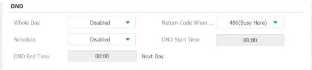 DND Whole Day Disabled Return Code When ... 486(Busy Here) Schedule Disabled DND Start Time 00:00 DND End Time 00:00 Next Day