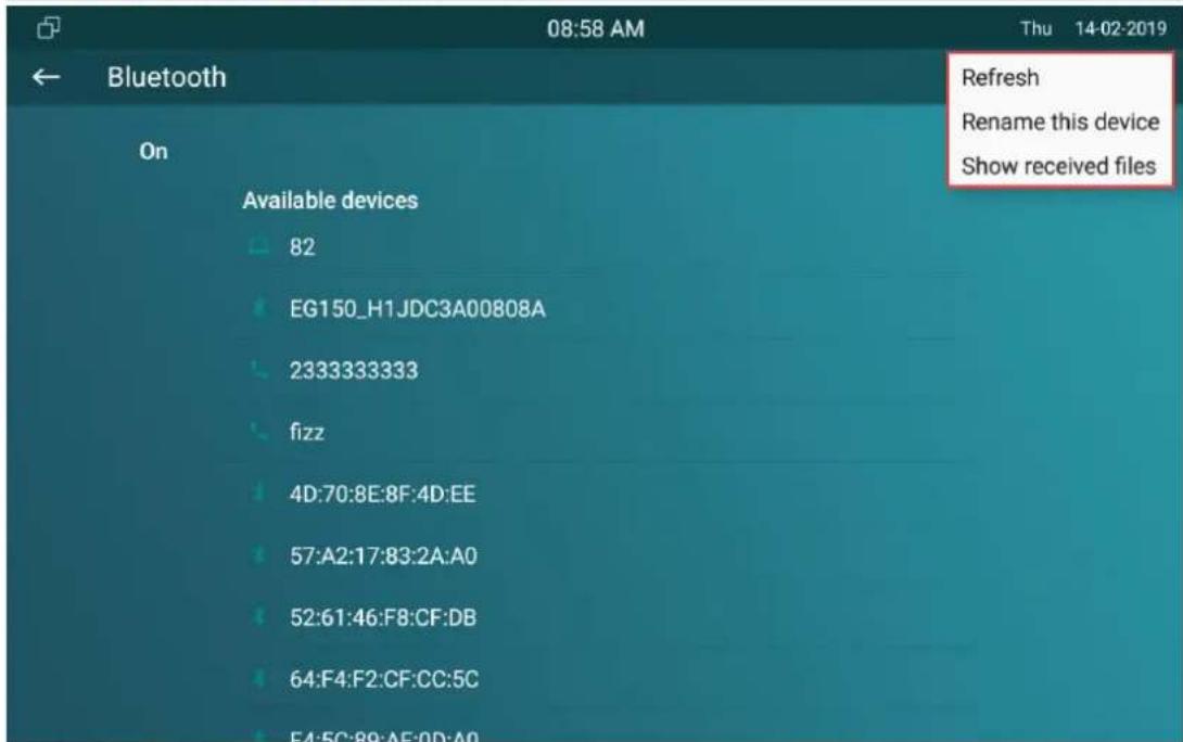 08:58 AM Thu 14-02-2019 Bluetooth Refresh Rename this device Show received files On Available devices 82 EG150_H1JDC3A00808A 2333333333 fizz 4D:70:8E:8F:4D:EE 57:A2:17:83:2A:A0 52:61:46:F8:CF:DB 64:F4:F2:CF:CC:5C F4:5C:89:AF:0D:A0