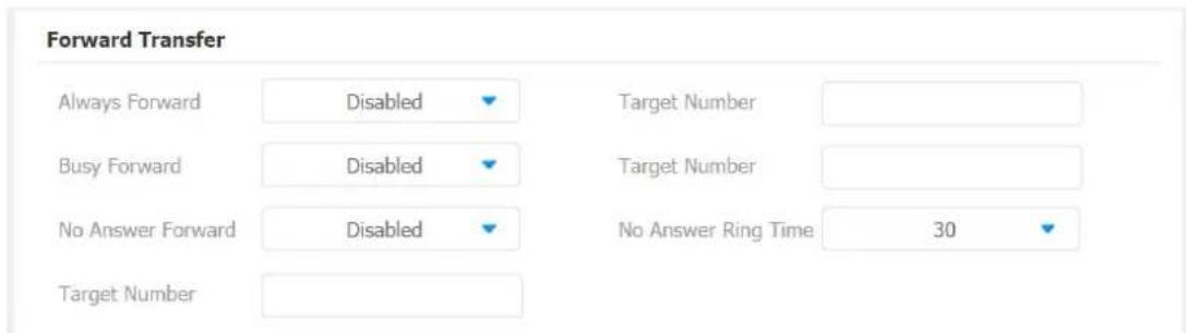 Forward Transfer Always Forward Disabled Target Number Busy Forward Disabled Target Number No Answer Forward Disabled No Answer Ring Time 30 Target Number