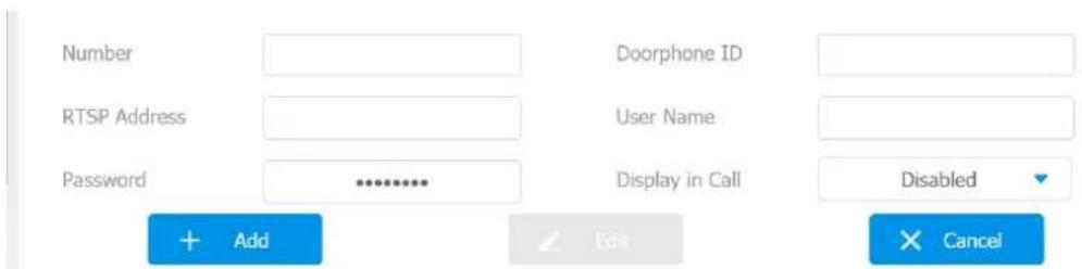 Number RTSP Address Password Doorphone ID User Name Display in Call Disabled Add Edit Cancel