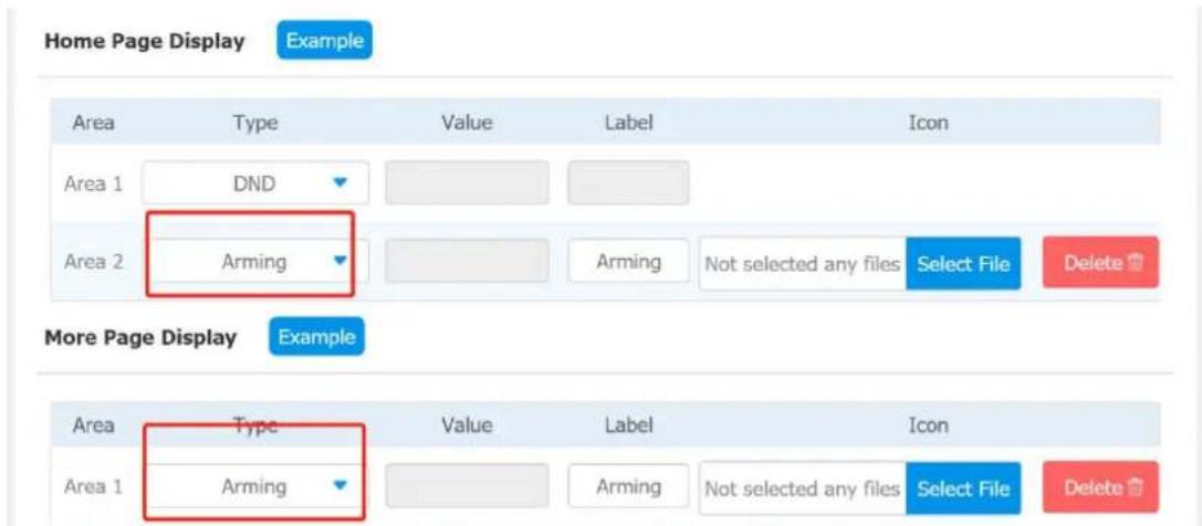 Home Page Display Example Area Type Value Label Icon Area 1 DND Area 2 Arming Not selected any files Select File Delete More Page Display Example Area Type Value Label Icon Area 1 Arming Not selected any files Select File Delete