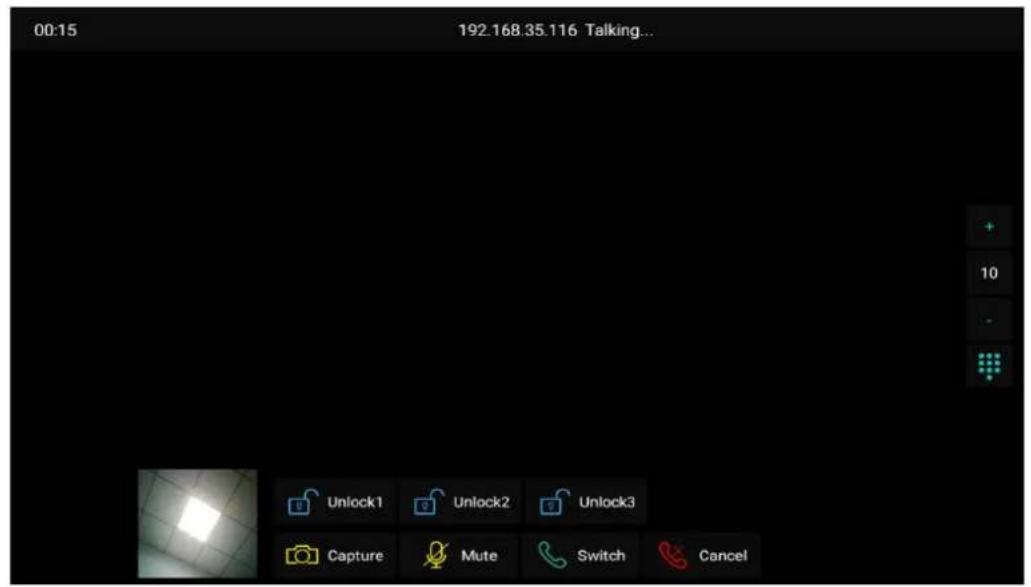 00:15 192.168.35.116 Talking... + 10 - + Capture Unlock1 Unlock2 Unlock3 Mute Switch Cancel
