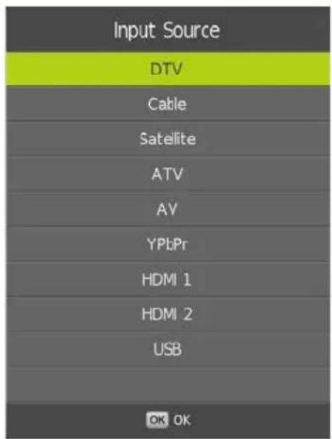 Input Source DTV Cable Satellite ATV AV YPbPr HDMI 1 HDMI 2 USB OK OK