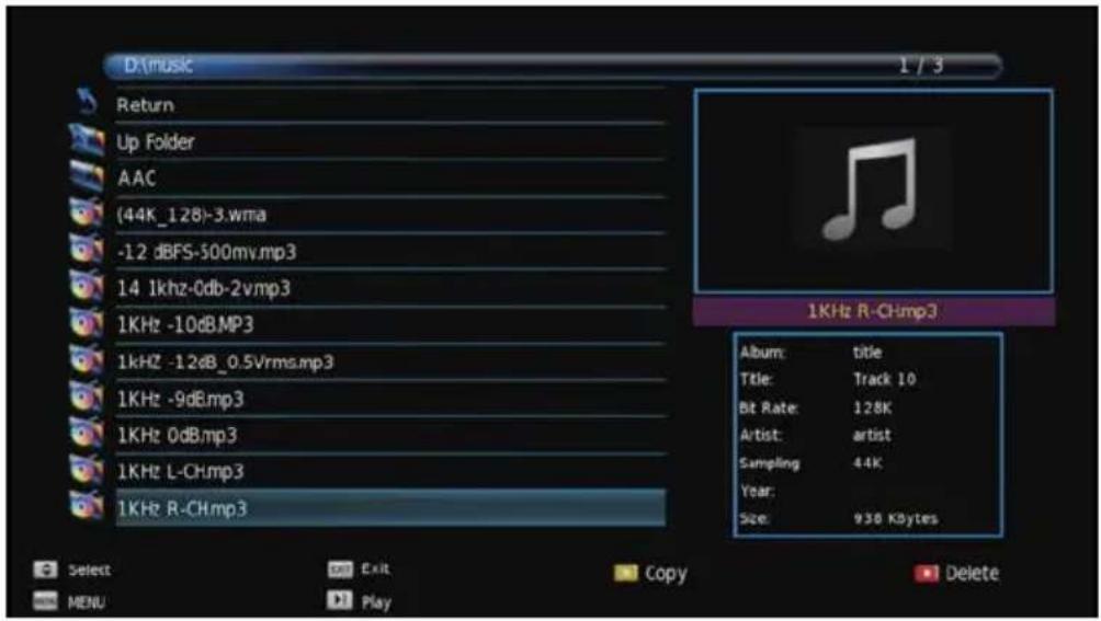 D:\music 1 / 3 Return Up Folder AAC (44K_128)-3.wma -12 dBFS-500mv.mp3 14 1kHz-0db-2v.mp3 1KHz -10dB.MP3 1kHz -12dB_0.5Vrms.mp3 1KHz -9dB.mp3 1KHz 0dB.mp3 1KHz L-CH.mp3 1KHz R-CH.mp3 1KHz R-CH.mp3 Album: title Title: Track 10 Bit Rate: 128K Artist: artist Sampling: 44K Year: Size: 938 KBytes Select Exit Copy Delete MENU Play