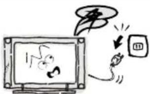 Cartoon illustration showing a person reacting to a TV screen with a lightning bolt symbol, while another person holds up a monitor.