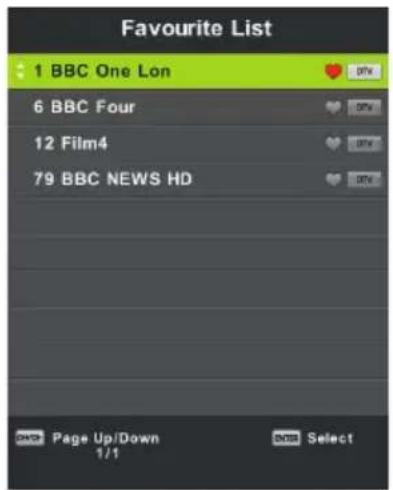 Favourite List 1 BBC One Lon 6 BBC Four 12 Film4 79 BBC NEWS HD Page Up/Down 1/1 End Select
