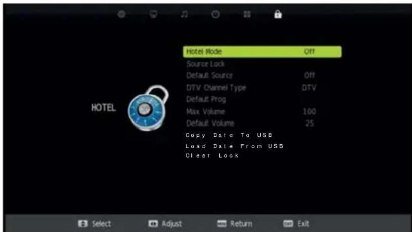 Hotel Mode Off Source Lock Default Source Off DTV Channel Type DTV Default Prog Max Volume 100 Default Volume 25 Copy Date To USB Load Date From USB Clear Lock