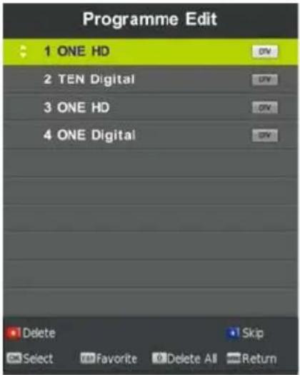 Programme Edit 1 ONE HD 2 TEN Digital 3 ONE HD 4 ONE Digital Delete Skip Select Favorite Delete All Return