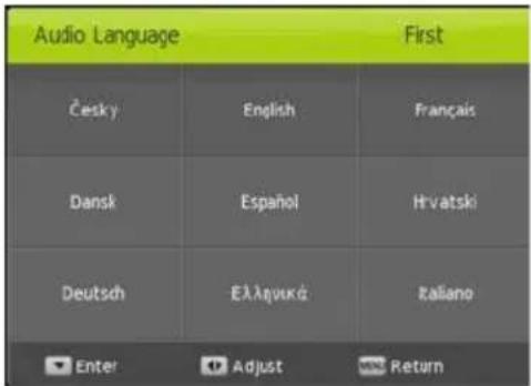 Audio Language Česky English Français Dansk Español Hrvatski Deutsch Eλληνικό Italiano Enter Adjust Return