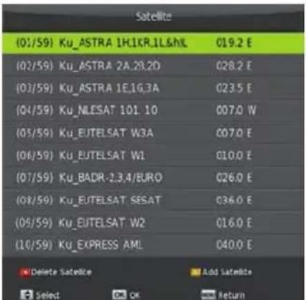 Satellite (01/59) Ku_ASTRA 1H,1KR,1L&hIL 019.2 E (02/59) Ku_ASTRA 2A,28,2D 028.2 E (03/59) Ku_ASTRA 1E,1G,3A 023.5 E (04/59) Ku_NLESAT 101.10 007.0 W (05/59) Ku_EUTELSAT W3A 007.0 E (06/59) Ku_EUTELSAT W1 010.0 E (07/59) Ku_BADR-2,3,4/EURO 026.0 E (08/59) Ku_EUTELSAT SESAT 036.0 E (09/59) Ku_EUTELSAT W2 016.0 E (10/59) Ku_EXPRESS AML 040.0 E Delete Satellite Add Satellite Select OK Return