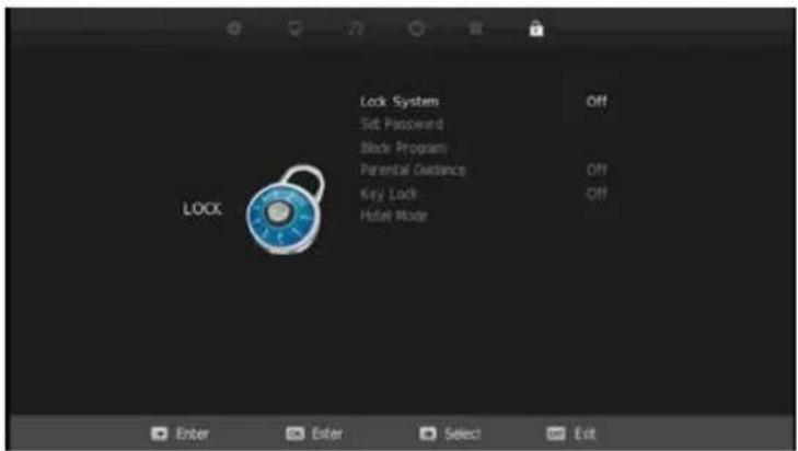 Lock System Set Password Block Program Parental Guidance Key Lock Hotel Mode OFF OFF OFF LOCK Enter Enter Select Exit