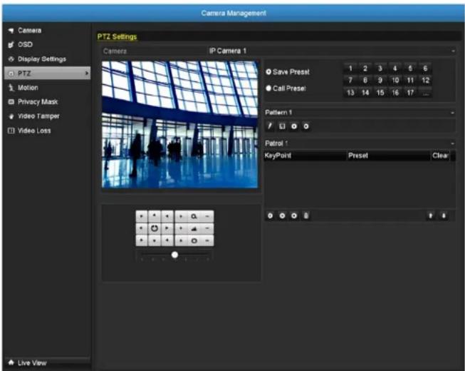 Camera Management PTZ Settings Camera IP Camera 1 Save Preset Call Preset Pattern 1 Patrol 1 KeyPoint Preset Clear Live View