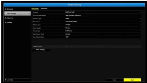 Schedule Recording Schedule Channel 3Q-TV-AP23P Encoding Parameters Main StreamContinuous Stream Type Video Recoverer 1007 (100%) (100%) Audio Type Video Quality Medium Frame Rate FullTime Max. Stream Block General Max. StreamNumber 45% Delete 4.26k+ Movie Settings... Apply Back Link Video