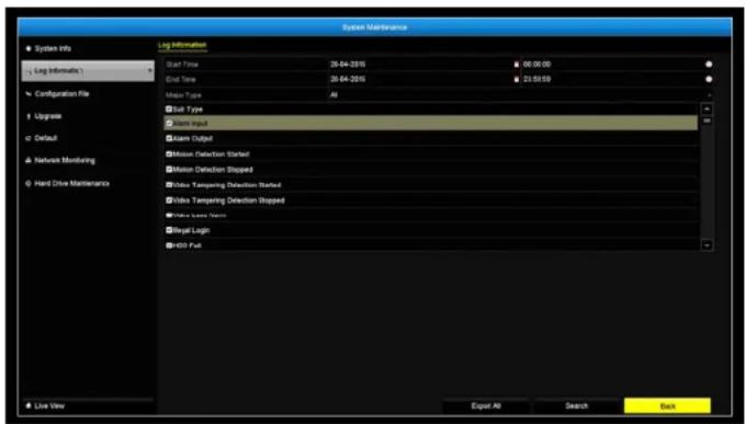 System Maintenance Log Information Start Time 26.04-2015 00:00:00 End Time 26.04-2015 23:55:59 Configuration File Main Type All Dual Type Alarm/Build Alarm Output Motion Detection Stamped Motion Detection Stamped User Targeting Detection Stamped User Targeting Detection Stamped User Texter Name Regal Logic HSD Full Live View Excel All Search Back