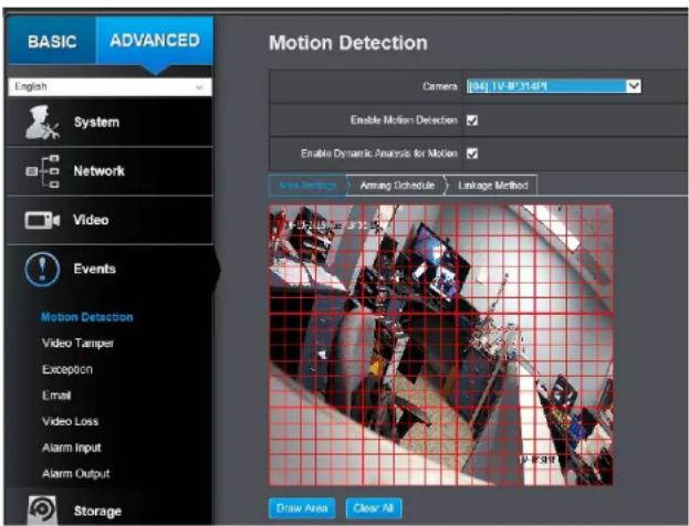 BASIC ADVANCED English System Network Video Events Motion Detection Video Tamper Exception Email Video Loss Alarm Input Alarm Output Storage Motion Detection Camera: 184 TV @ 31.49° Enable Motion Detection ✓ Enable Dynamic Analysis for Motion ✓ Area Settings Arrang Schedule Linkage Method Draw Area Clear All