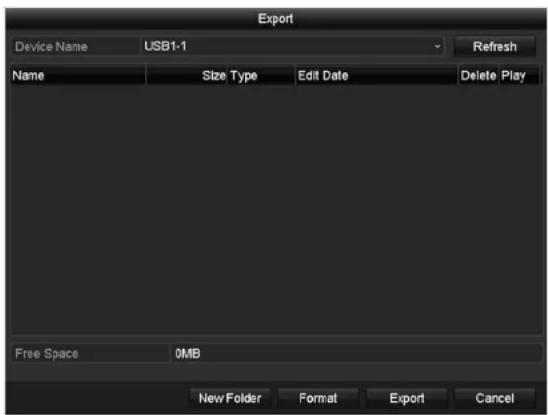 Export Device Name USB1-1 Refresh Name Size Type Edit Date Delete Play Free Space 0MB New Folder Format Export Cancel