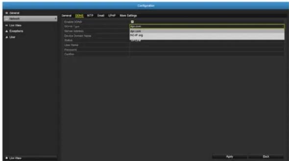 Configuration General Network Live View Exceptors User General D�ndt NTP Email Unip Main Settings Elease TCPID Generic Type Server Address Device Summary Name Status User Name Password Confirm Live View Apply Back