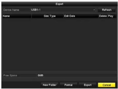 Export Device Name USB1-1 Refresh Name Size Type Edit Date Delete Play Free Space 0MB New Folder Format Export Cancel