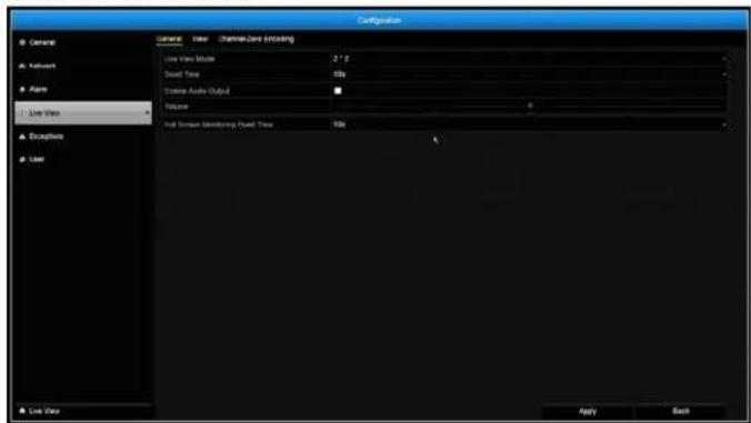 Configuration ● Create ● Network ● Apply ● Live View ● Options ● User General View Channel Zero encoding Live View Mode 2.17 Sound Time 50% Stream Audio Output Volume 0 Full Stream Monitoring Sound Time 50% Apply Back Live View