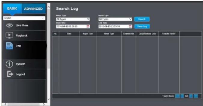 BASIC ADVANCED English Live View Playback Log System Logout Search Log Main Type All Types Start Time 2016-04-19:00 00:00 Minor Type All Types End Time 2016-04-19 23:59:59 Search Save Log No. Time Riser Type Minor Type Channel No. LocalResults Order Floats Hard # Total 0 Items OK