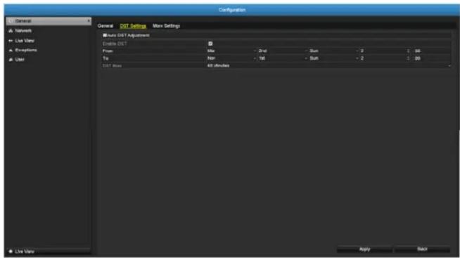 Configuration General DST Settings More Settings ■ Note DST Adjustment Enable DST Flow: Max - 3rd - Sum - 2 1.00 Up: Non - 5th - Sum - 2 1.00 DST Base: 60 attributes Apply Back Line Value