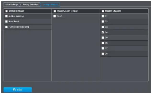 Area Settings Among Schedules Lineage Method Normal Linkage Austrile Warning Send Email Full Screen Monitoring Trigger Alarm Output D3>1 Trigger Channel D1 D2 D3 D4 D5 D6 D7 D8 Save