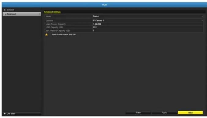 HDD General Advanced Advanced Settings Mode Quota Camera P Camera 1 Used Record Capacity 1.024MB HDD Capacity (GB) 931 Non-Record Capacity (GB) 9 Free Queue Space Bit OD Copy Apply Dash Live View