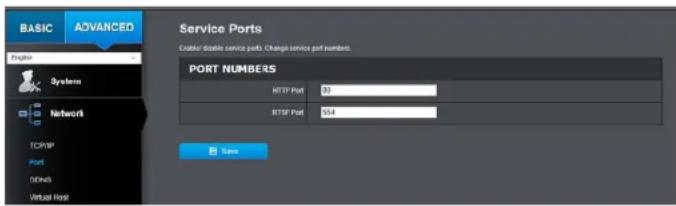 BASIC ADVANCED Service Ports Editor: double service parts, Change service part numbers. Port NUMBERS HTTP Port 33 RTSP Port 54 Save